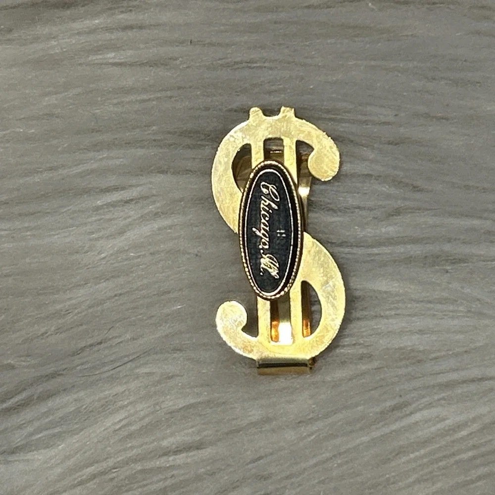 Gold Tone Dollar Sign Money Clip Black Enamel Accent Chicago Old Money Vintage